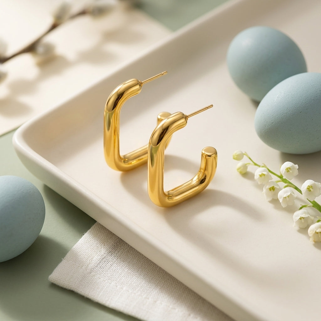 Squared C-Shape Gold Stud Earrings