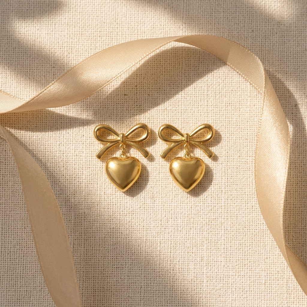 Bow Heart Gold Earrings