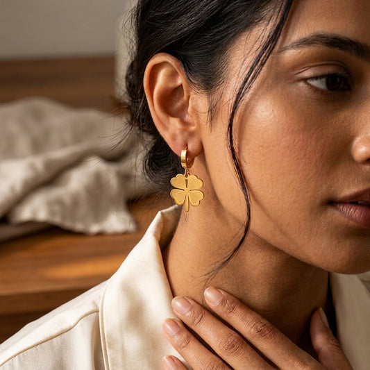 Lucky Clover Gold Huggie Drop Earrings