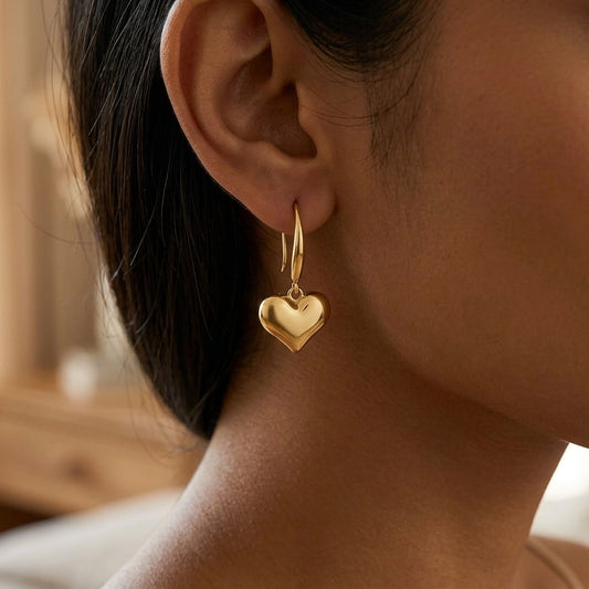 Puffy Heart Gold Drop Earrings