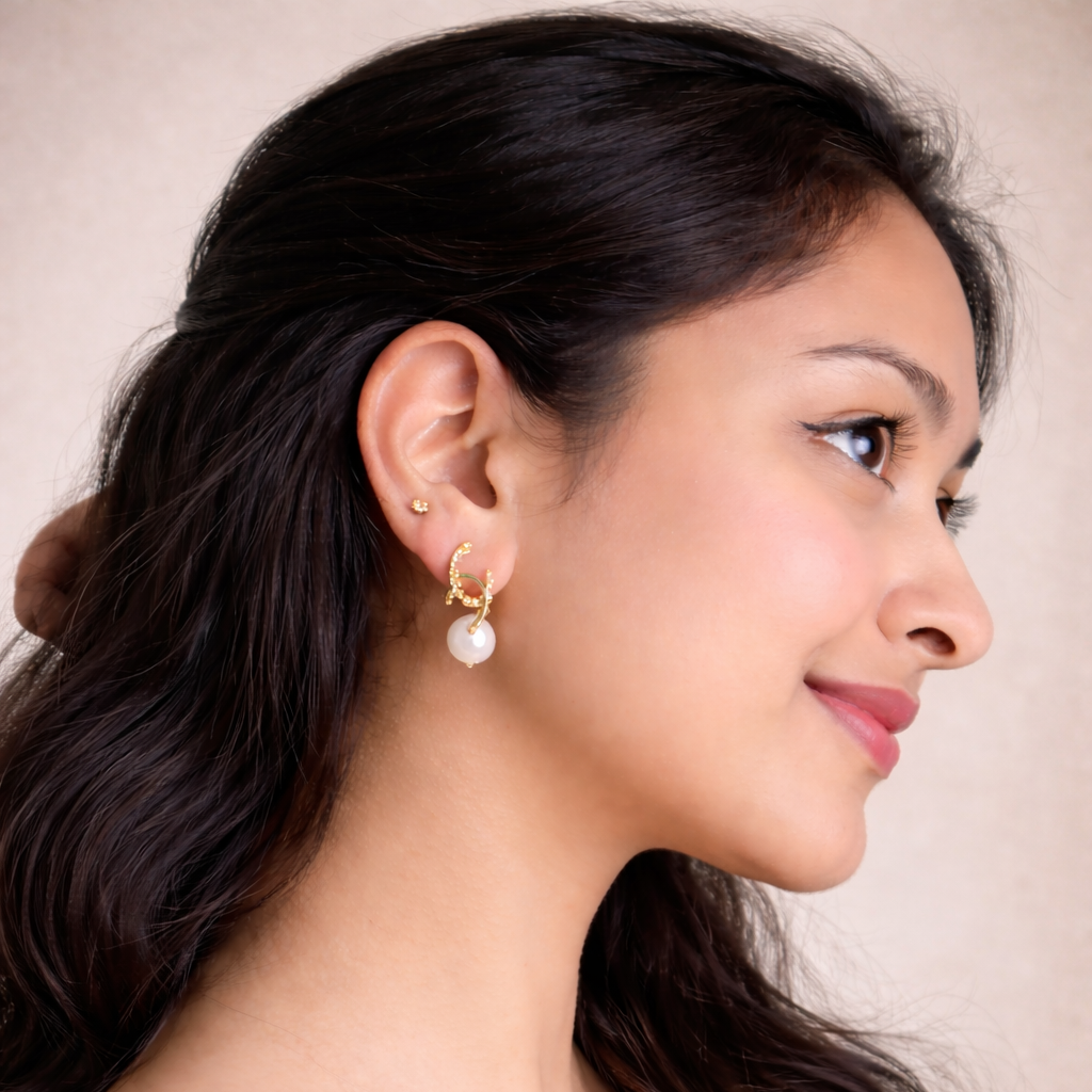 Crystal Double Loop Korean Pearl Stud Earrings
