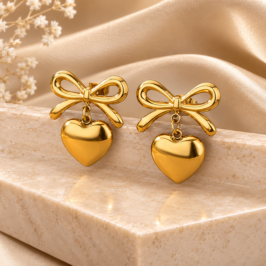 Bow Heart Gold Earrings