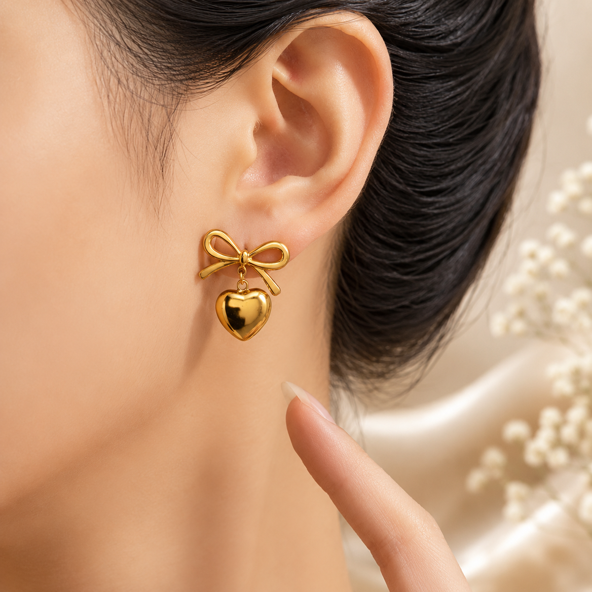 Bow Heart Gold Earrings