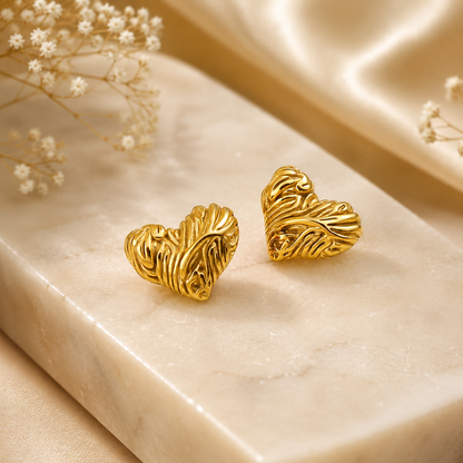 Textured Heart Gold Stud Earrings