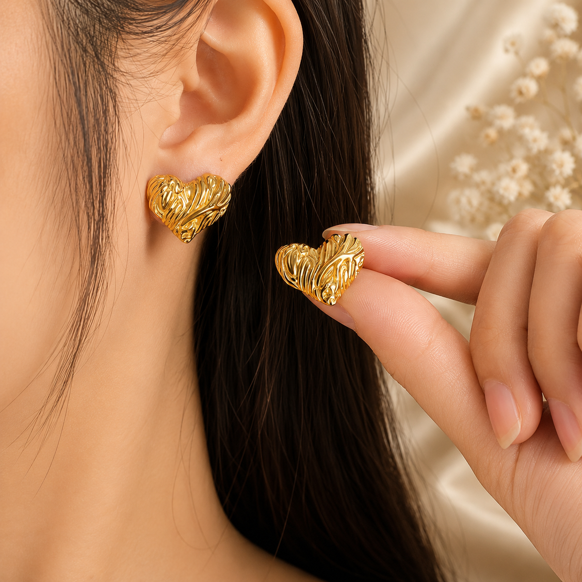 Textured Heart Gold Stud Earrings