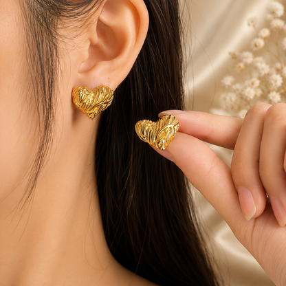 Textured Heart Gold Stud Earrings