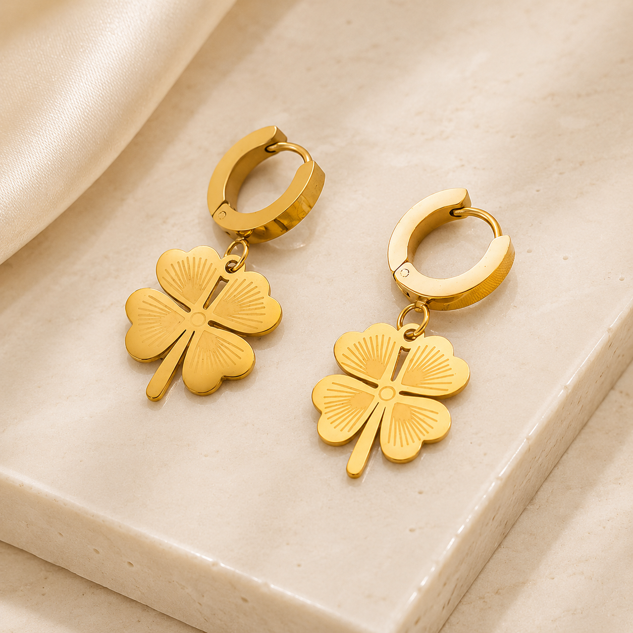 Lucky Clover Gold Huggie Drop Earrings