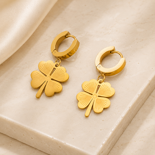 Lucky Clover Gold Huggie Drop Earrings