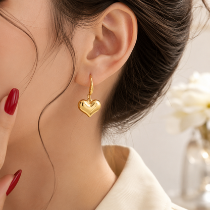 Puffy Heart Gold Drop Earrings