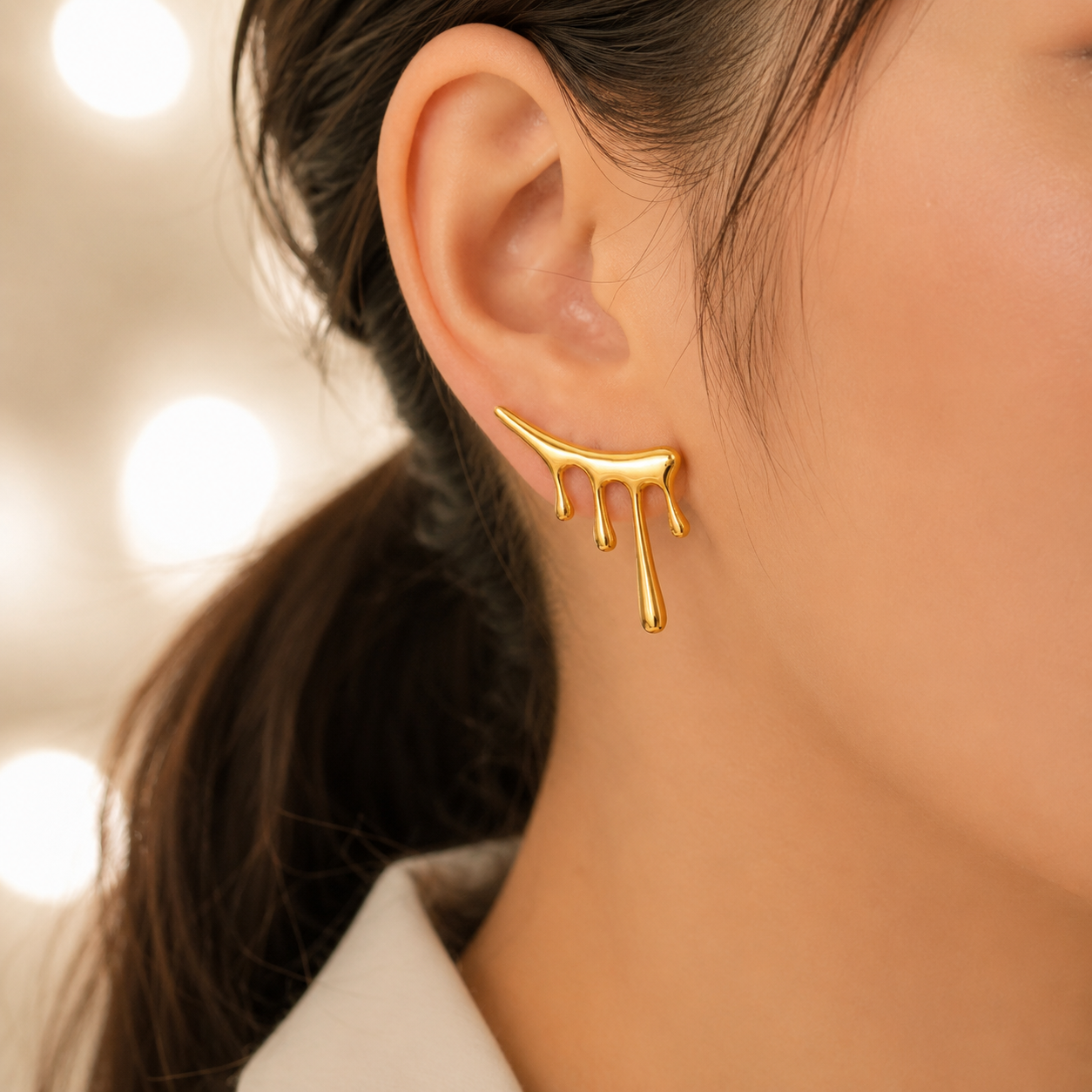 Molten Drip Gold Ear Cuff Stud Earrings
