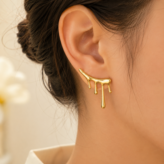 Molten Drip Gold Ear Cuff Stud Earrings