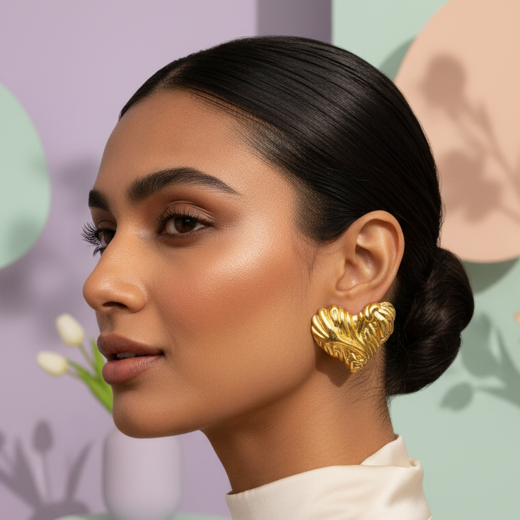 Golden Sculpted Heart Studs