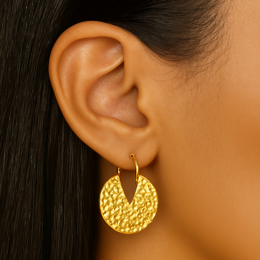 Hammered Gold V-Cut Hoop Earrings - PVD Coated Stainless Steel