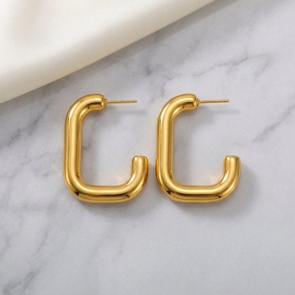 Squared C-Shape Gold Stud Earrings