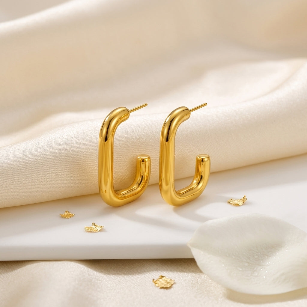 Squared C-Shape Gold Stud Earrings