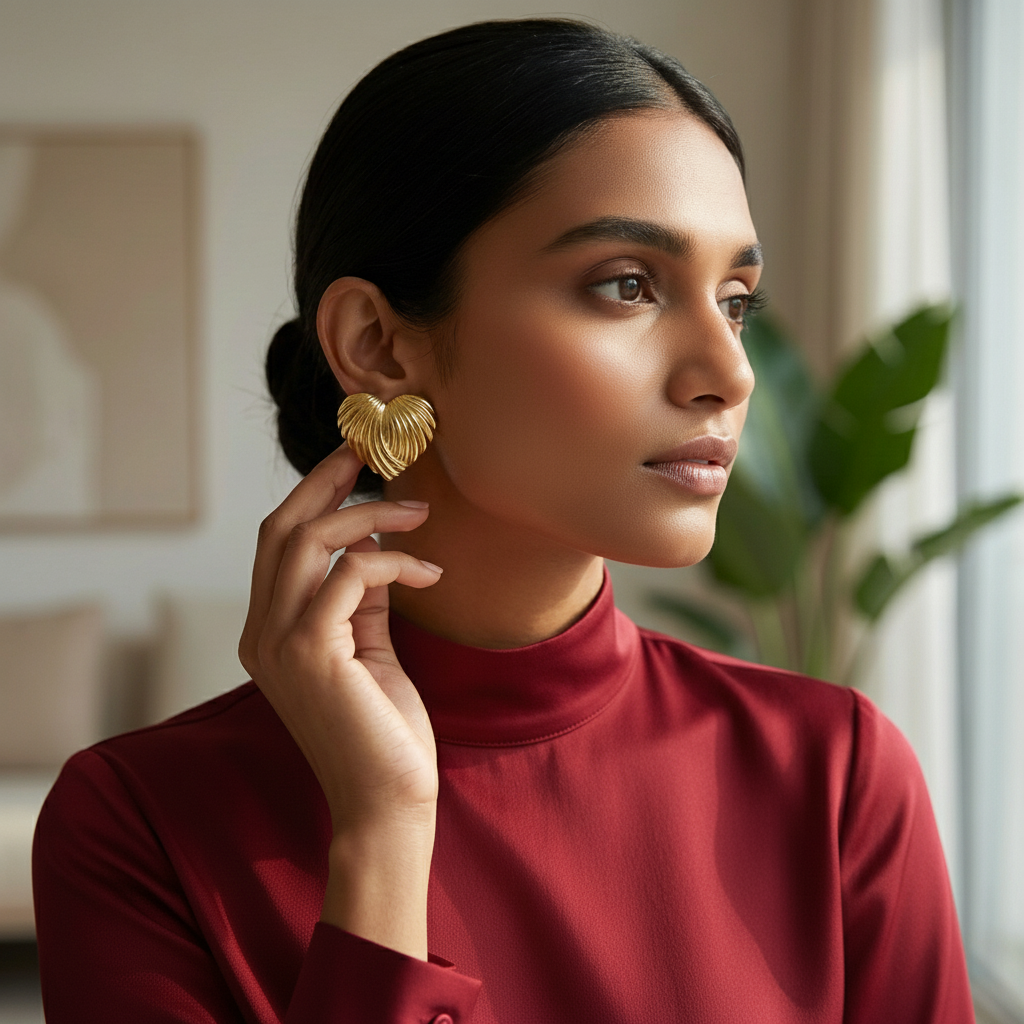 Wavecrest Heart Gold Stud Earrings
