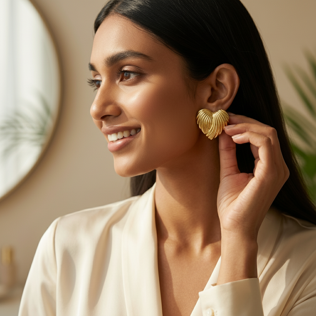 Wavecrest Heart Gold Stud Earrings