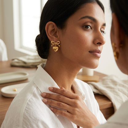 Bow Heart Gold Earrings