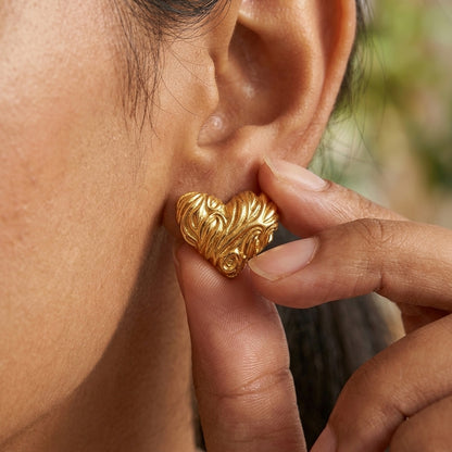 Textured Heart Gold Stud Earrings
