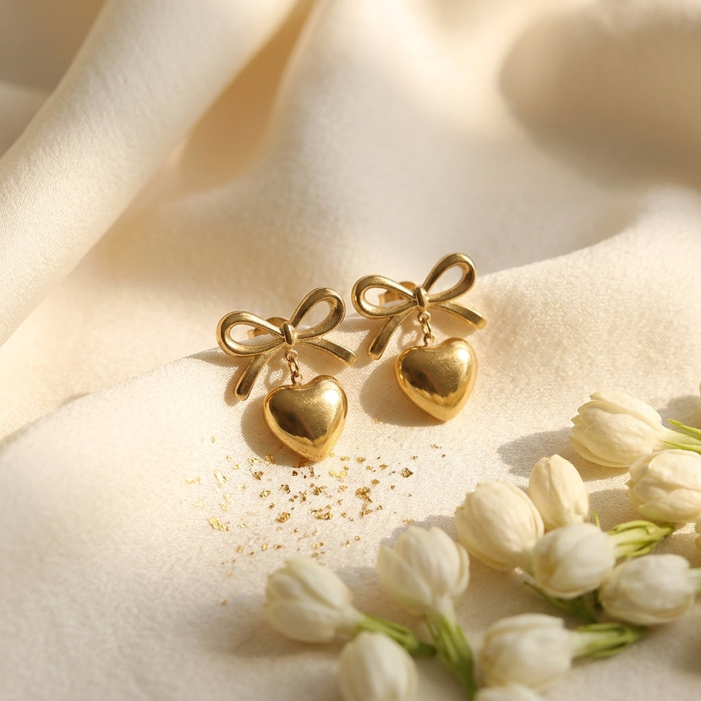 Bow Heart Gold Earrings
