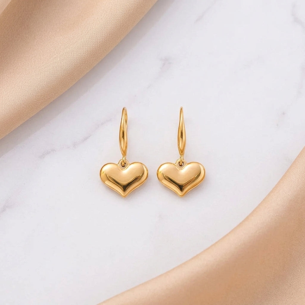 Puffy Heart Gold Drop Earrings