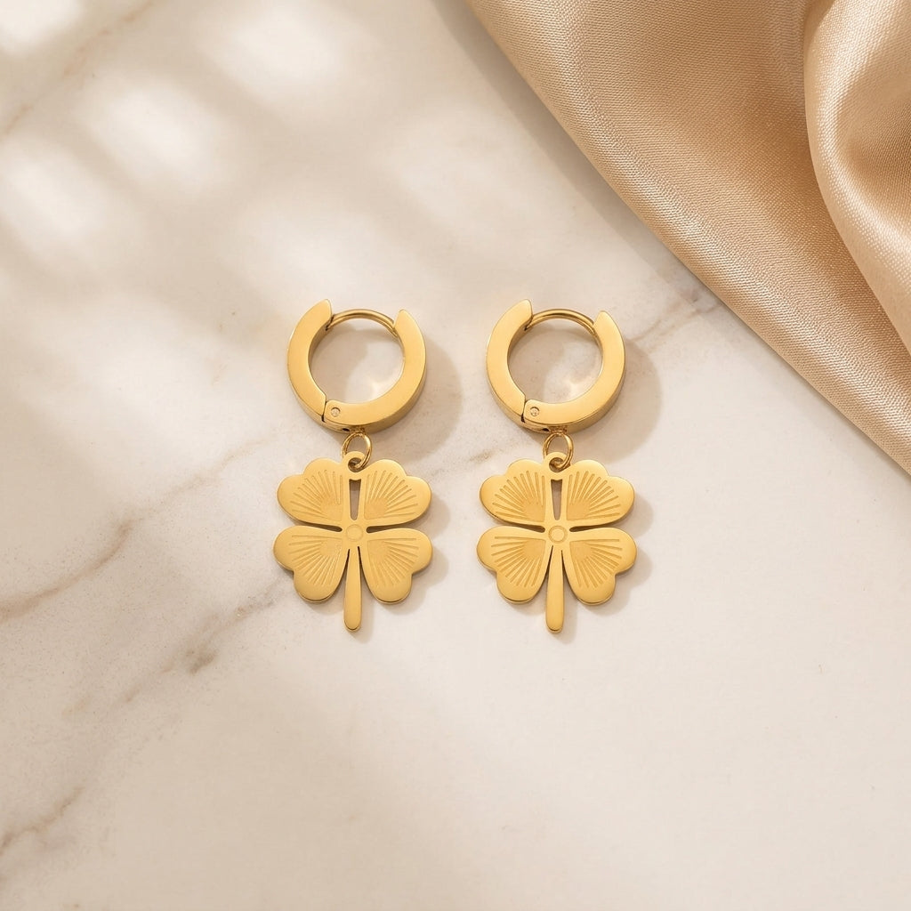 Lucky Clover Gold Huggie Drop Earrings