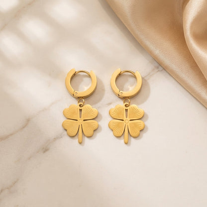 Lucky Clover Gold Huggie Drop Earrings