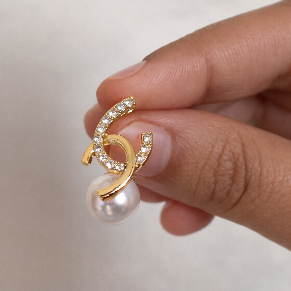 Crystal Double Loop Korean Pearl Stud Earrings